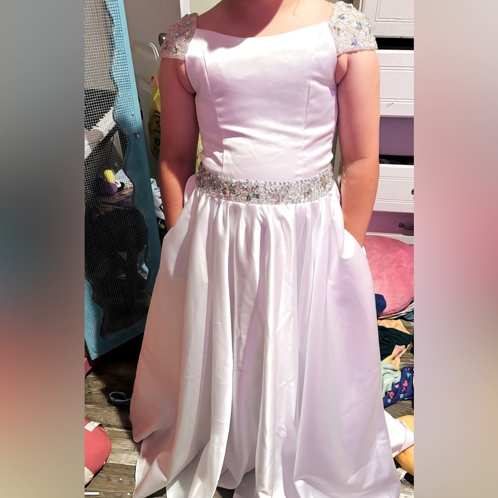 White Cap sleeve, girls satin crystal A-line pageant dress (fits Size 12)